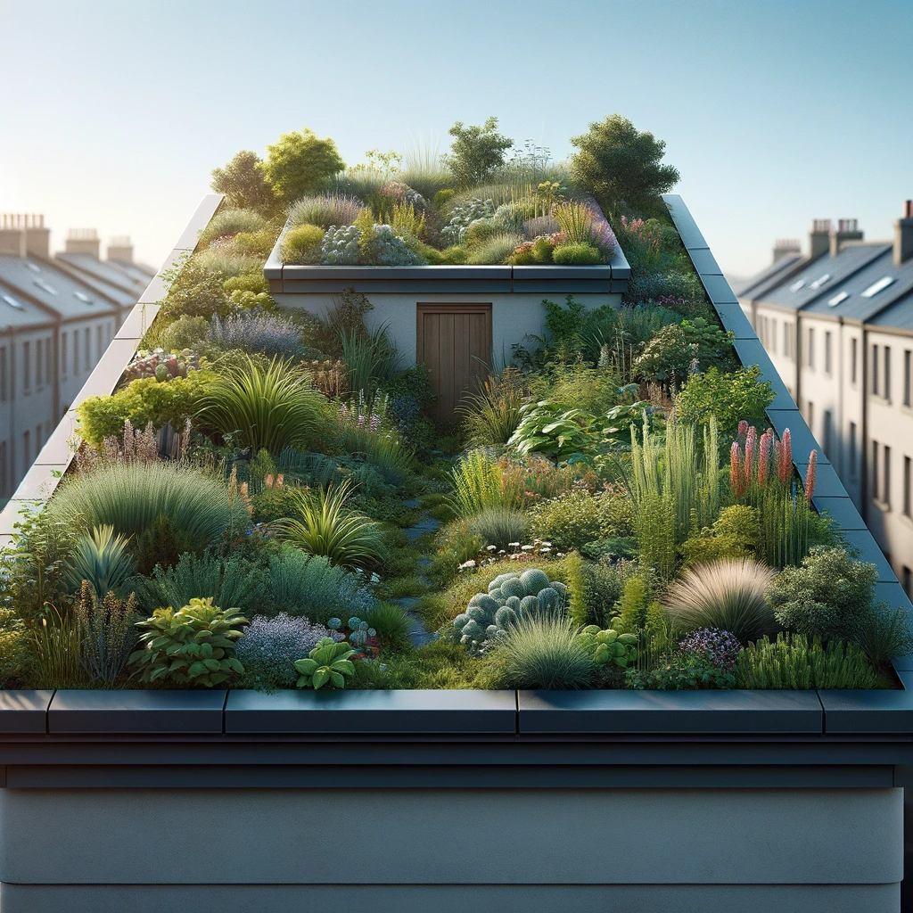 Grünes Dachgarten-Design auf einem städtischen Gebäude, reich bepflanzt mit einer Vielfalt an Pflanzen und Sträuchern.