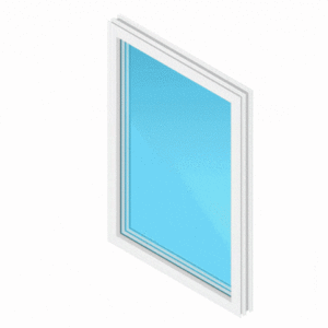 Einfaches weißes Fenster mit blauer Glasscheibe und schmalem Rahmen auf weißem Hintergrund.