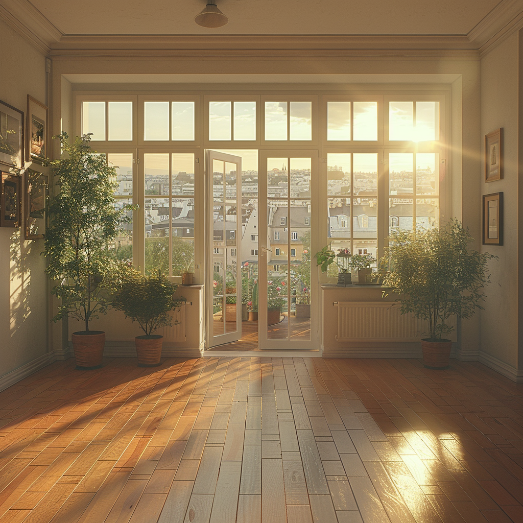 Heller, sonnendurchfluteter Raum mit Holzboden, großen Fenstern und Blick auf eine städtische Landschaft, eingerahmt von Topfpflanzen.