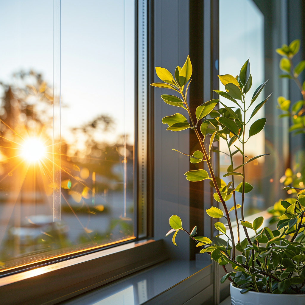 Lebendige grüne Pflanze in einem weißen Topf auf der Fensterbank, mit strahlender Abendsonne, die durch moderne Fenster scheint und eine warme, einladende Atmosphäre schafft.