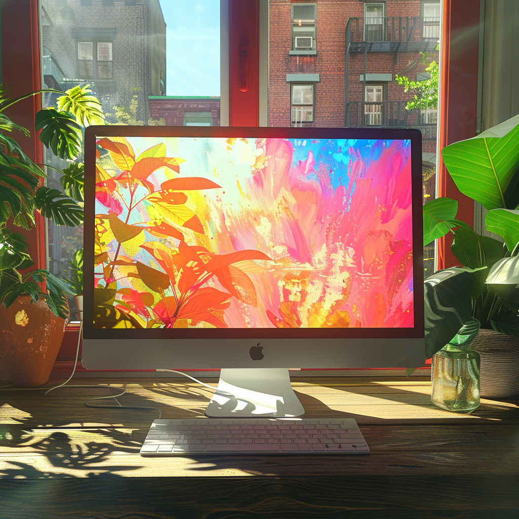 Farbenfroher Arbeitsplatz mit einem modernen Computerbildschirm, der ein lebendiges, buntes Hintergrundbild anzeigt, umgeben von üppigen Zimmerpflanzen und mit Blick auf städtische rote Backsteinhäuser durch ein großes Fenster.