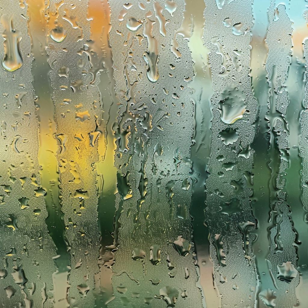 Kondenswasser an einem Fenster mit unterschiedlich großen Tropfen, die das Licht in verschiedenen Grüntönen durchscheinen lassen.