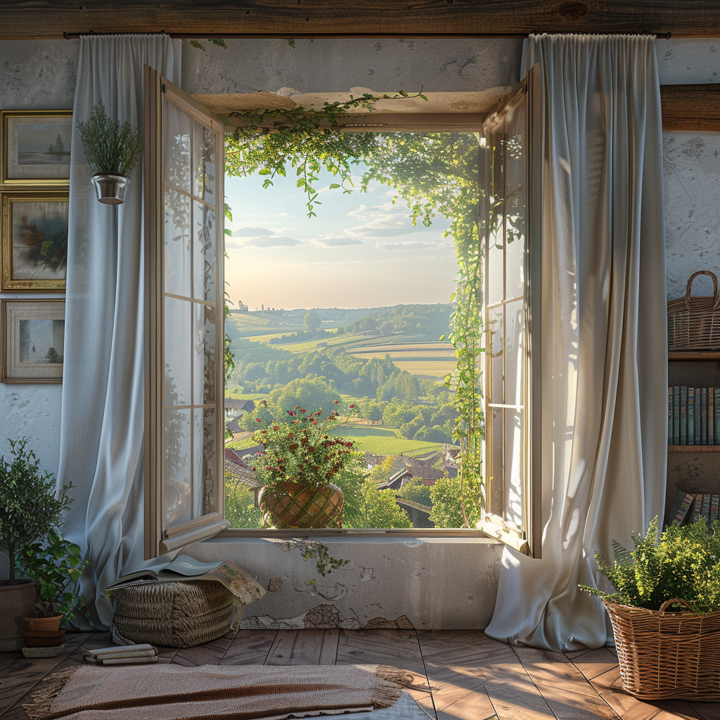 Idyllischer Ausblick aus einem offenen Fenster, gerahmt von weißen Vorhängen, auf eine ländliche Landschaft bei Sonnenuntergang, mit Pflanzen und Dekorationen im Vordergrund.