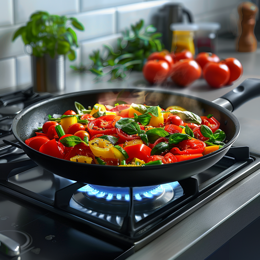 Farbenfrohes Gemüse in einer Pfanne auf einem Gasherd, darunter rote und gelbe Paprika, Kirschtomaten und frisches Basilikum, in einer modernen Küche.