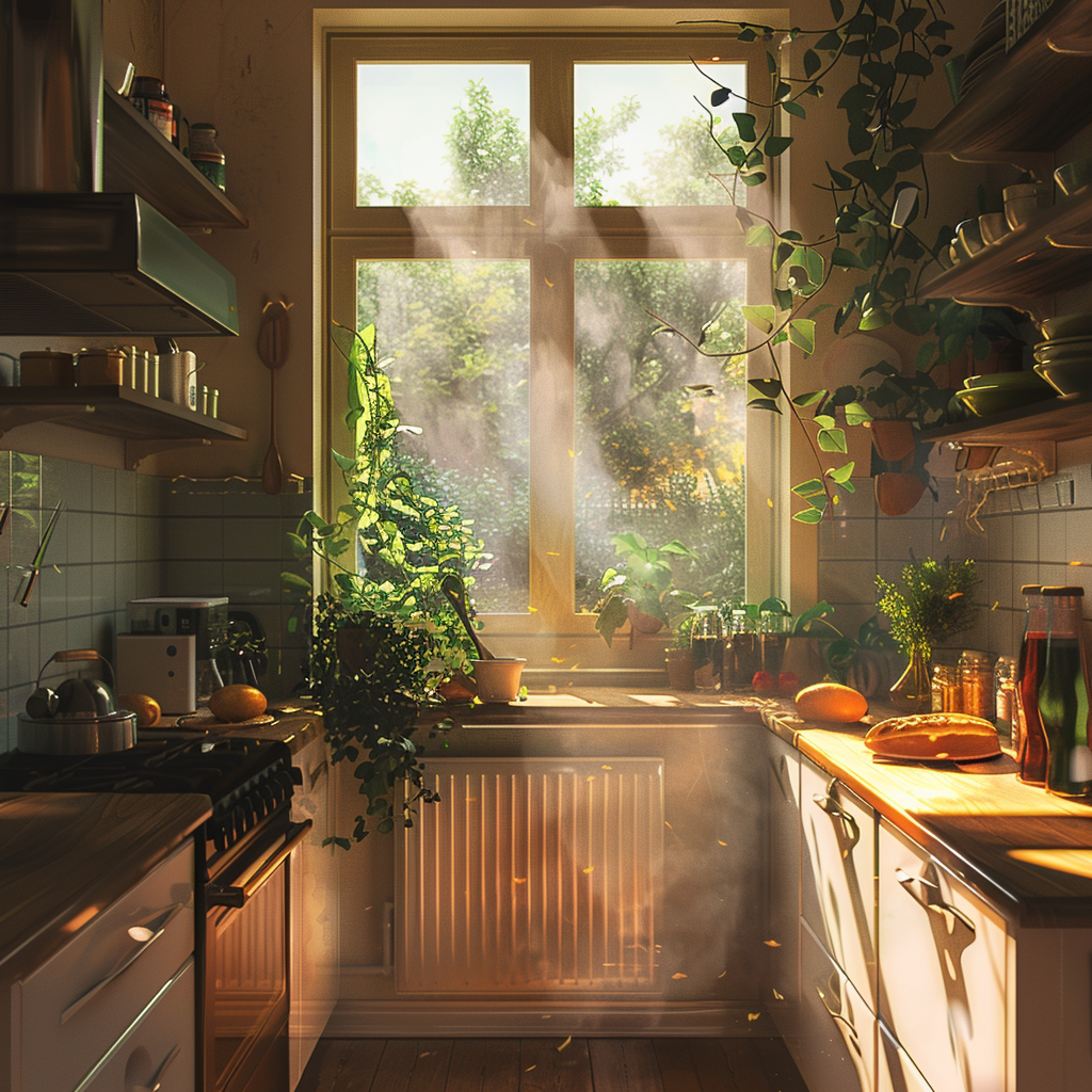 Gemütliche Küche mit Sonnenlicht, das durch ein großes Fenster strahlt, umgeben von üppigen Zimmerpflanzen und Küchenutensilien.