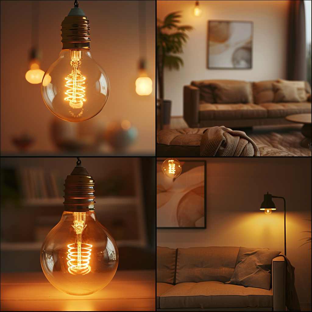 Collage von Bildern, die stilvolle Glühbirnen in einem warm beleuchteten Wohnzimmer zeigen. Oben leuchtet eine hängende Glühbirne, darunter ein weiches Sofa und Beleuchtung, die eine gemütliche Atmosphäre schafft.