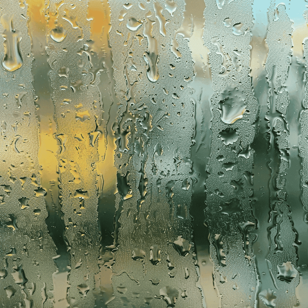 Nahaufnahme der Luftfeuchtigkeit an einem Fenster, extreme Detailansicht