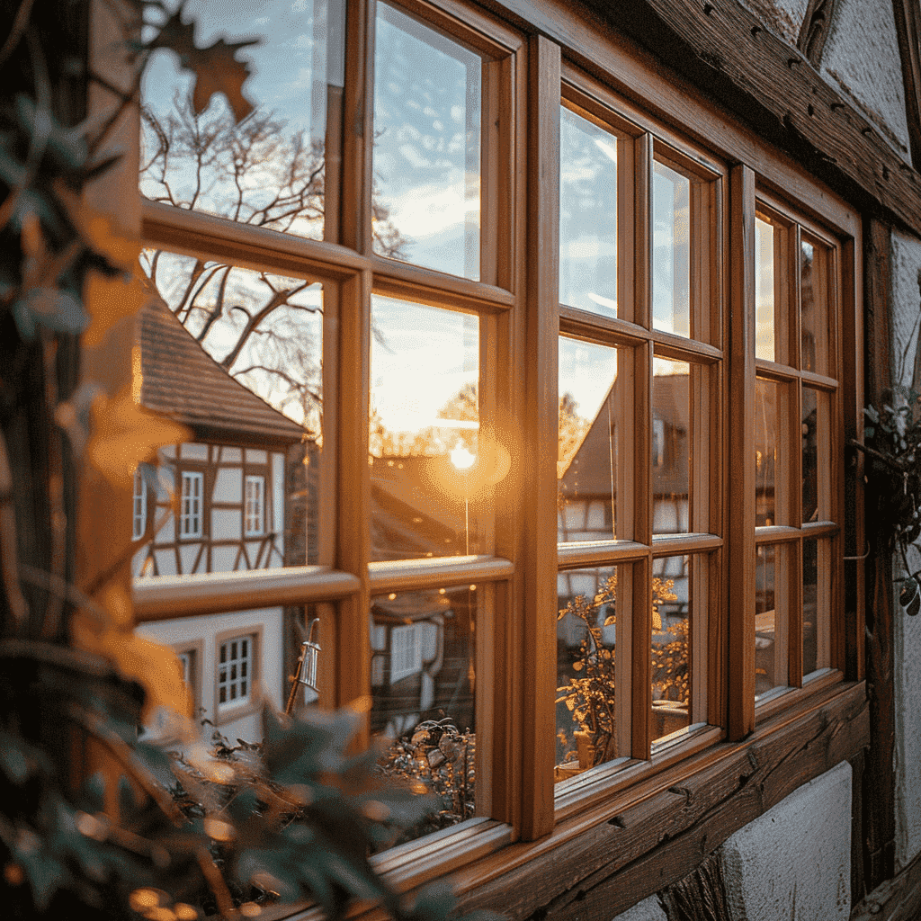 Holzrahmenfenster mit Sonnenuntergang in einem historischen Dorf