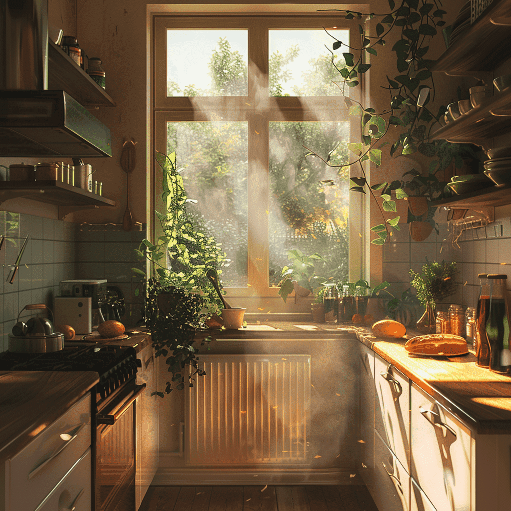 Eine einladende Küche mit warmen Sonnenstrahlen, die durch ein großes Fenster scheinen, umgeben von zahlreichen grünen Pflanzen und einer rustikalen Einrichtung aus Holz und weißem Fliesenbackslash.