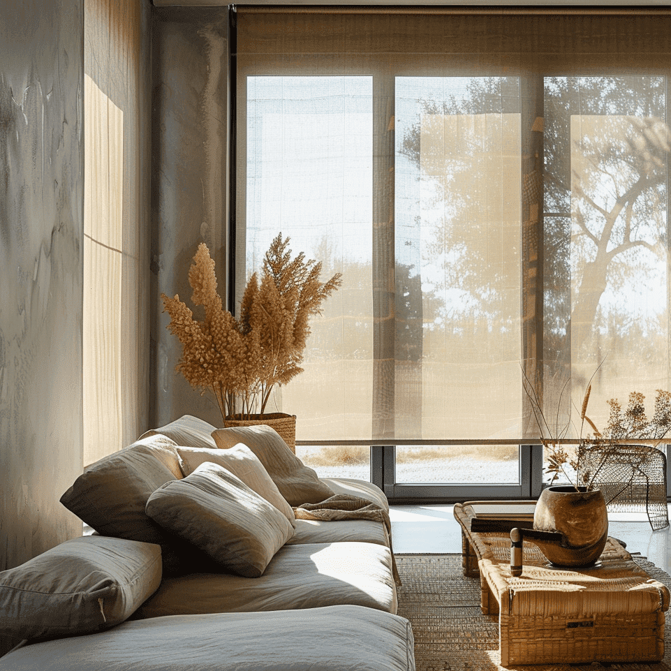 Wohnzimmer in Weiß und Beige mit sonniger Atmosphäre